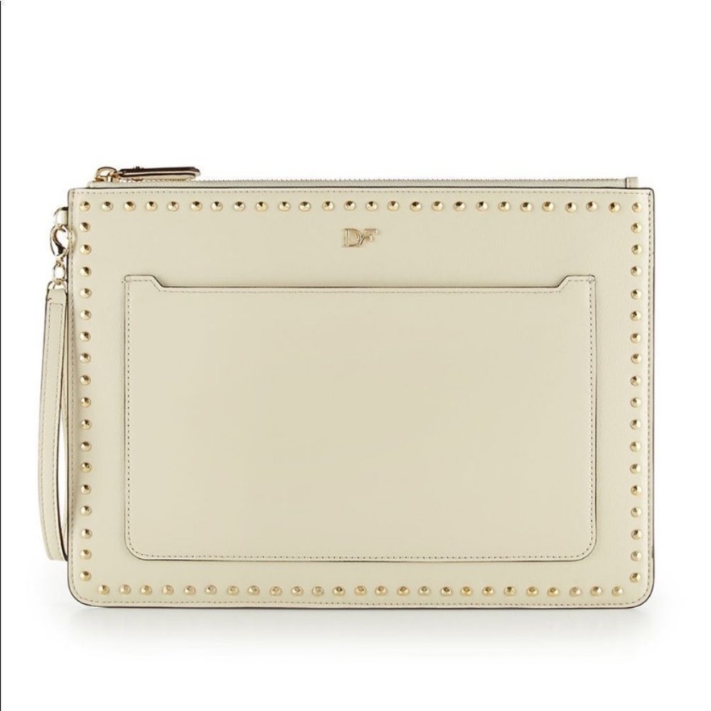 Diane von Furstenberg Cream Gold Zip and Go Studded Trim Pouch Bag
